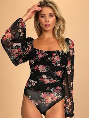 Lulus Bloom Into Autumn Black Floral Print Ruched Mesh Bodysuit - Size L